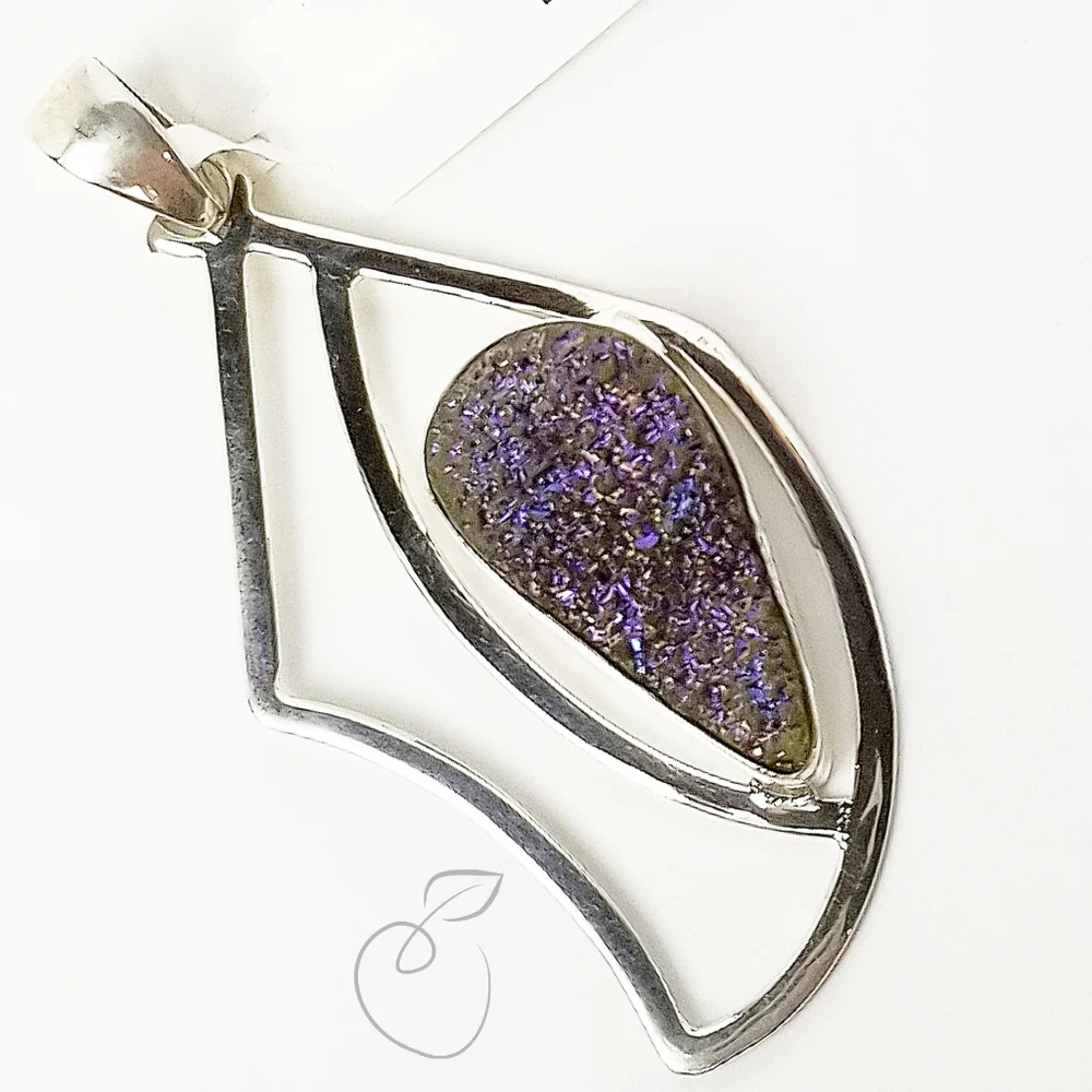 TITANIUM DRUZY GEMSTONE 925 SILVER PENDANT - Picture 11 of 11